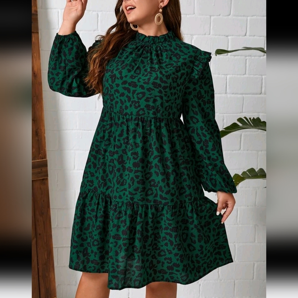 SHEIN LUNE Plus Leopard Print Lantern Sleeve Ruffle Hem Smock Dress (size 22)